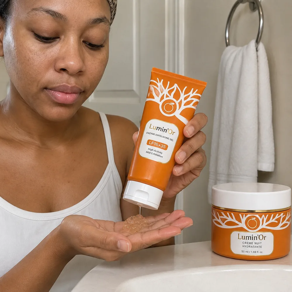 Application du gel exfoliant Lumin'Or dans la paume, crème nuit posée à côté