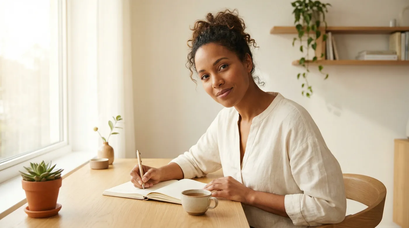 Femme écrivant dans un carnet à son bureau — équipe Anchored Beauty à votre écoute