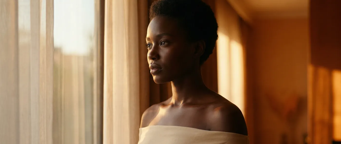Femme sereine à la fenêtre, lumière dorée du matin — Anchored Beauty
