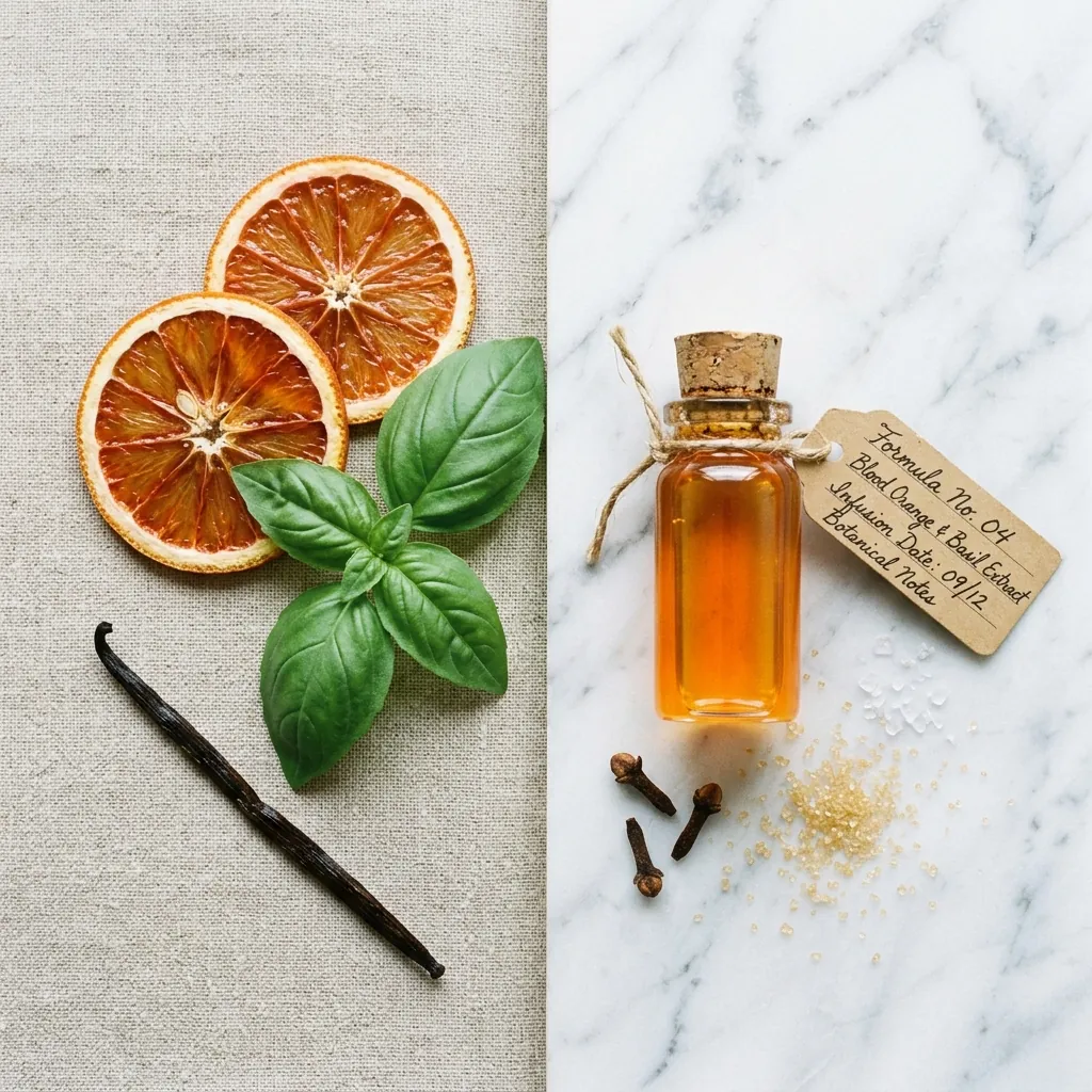 Flat-lay botanique — ingrédients naturels oranges et enzymes
