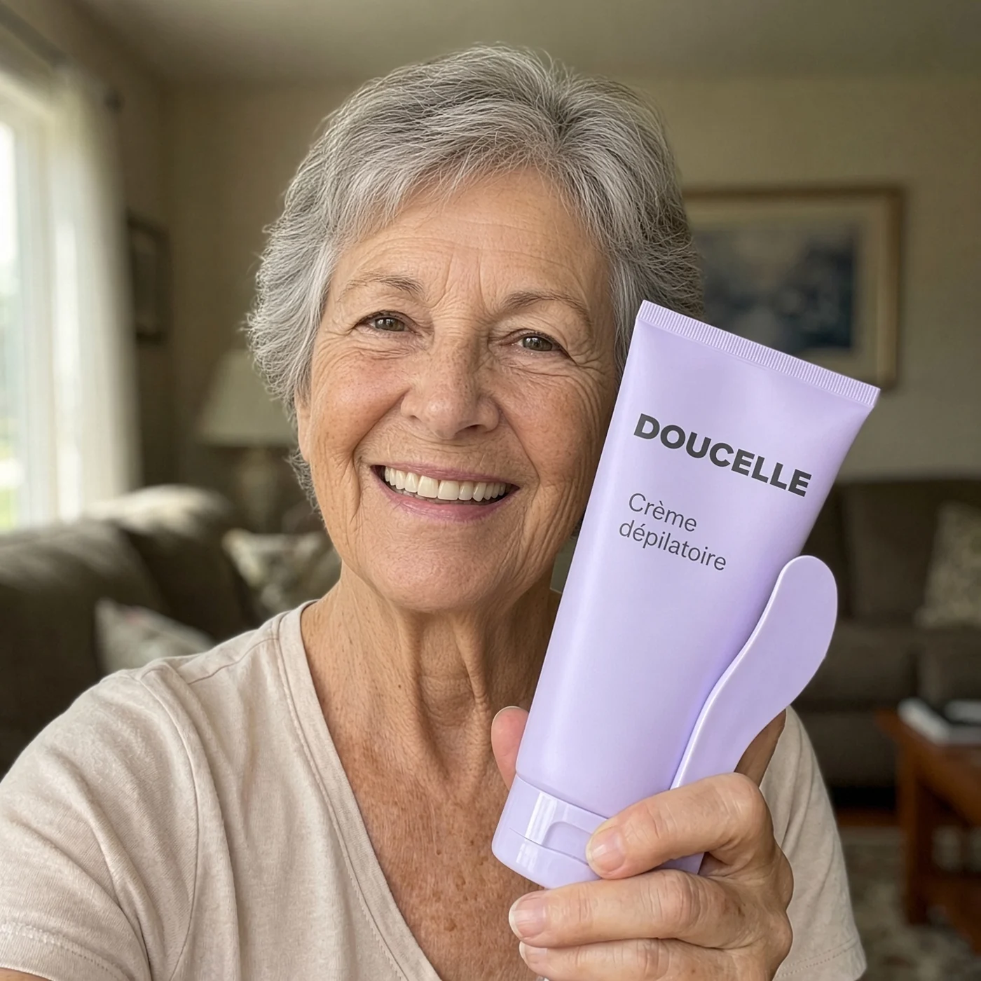 Une femme de 70 ans tient le tube Doucelle