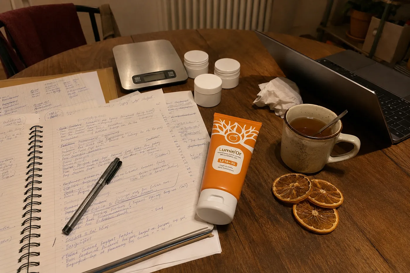 Table de travail : carnets de notes, oranges séchées, échantillons et le tube Lumin'Or