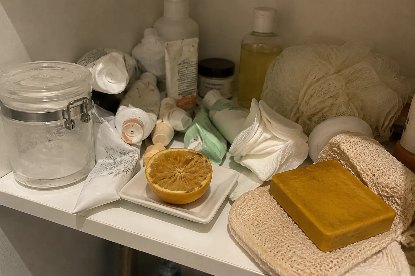 Étagère de salle de bain remplie de solutions testées sans résultat : citron, bicarbonate, gant, crèmes
