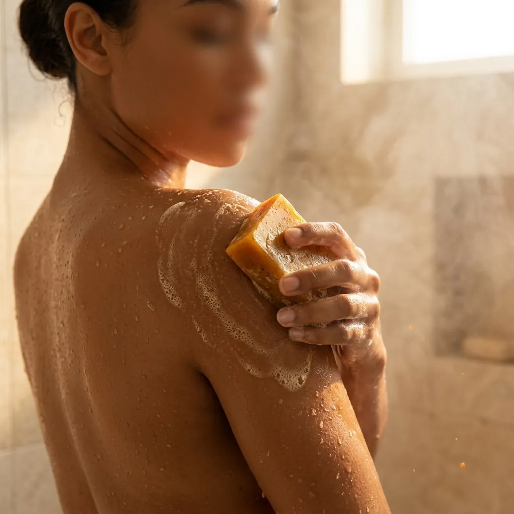 Application du savon curcuma sous la douche