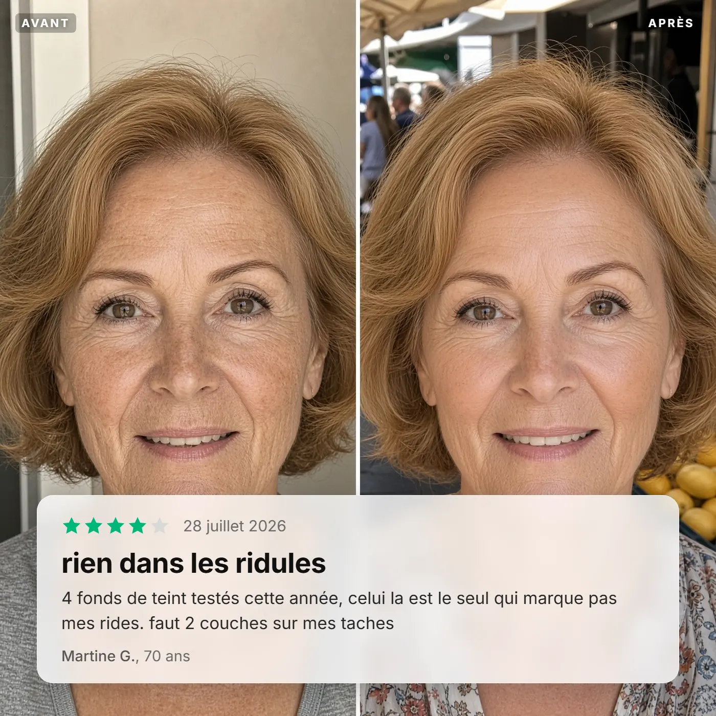 Avant / après de Martine G., 70 ans : rien dans les ridules