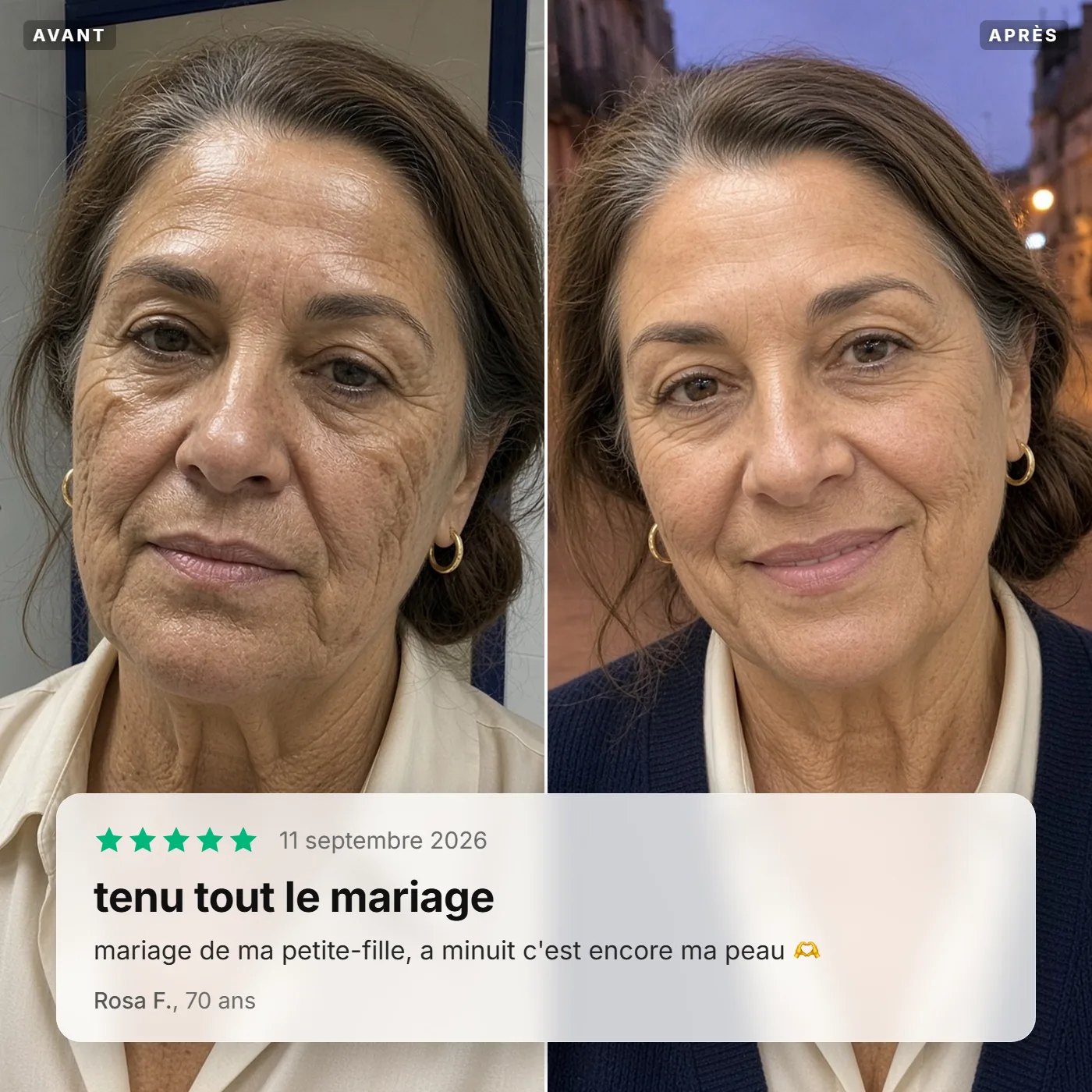 Avant / après de Rosa F., 70 ans : le fond de teint a tenu tout le mariage de sa petite-fille