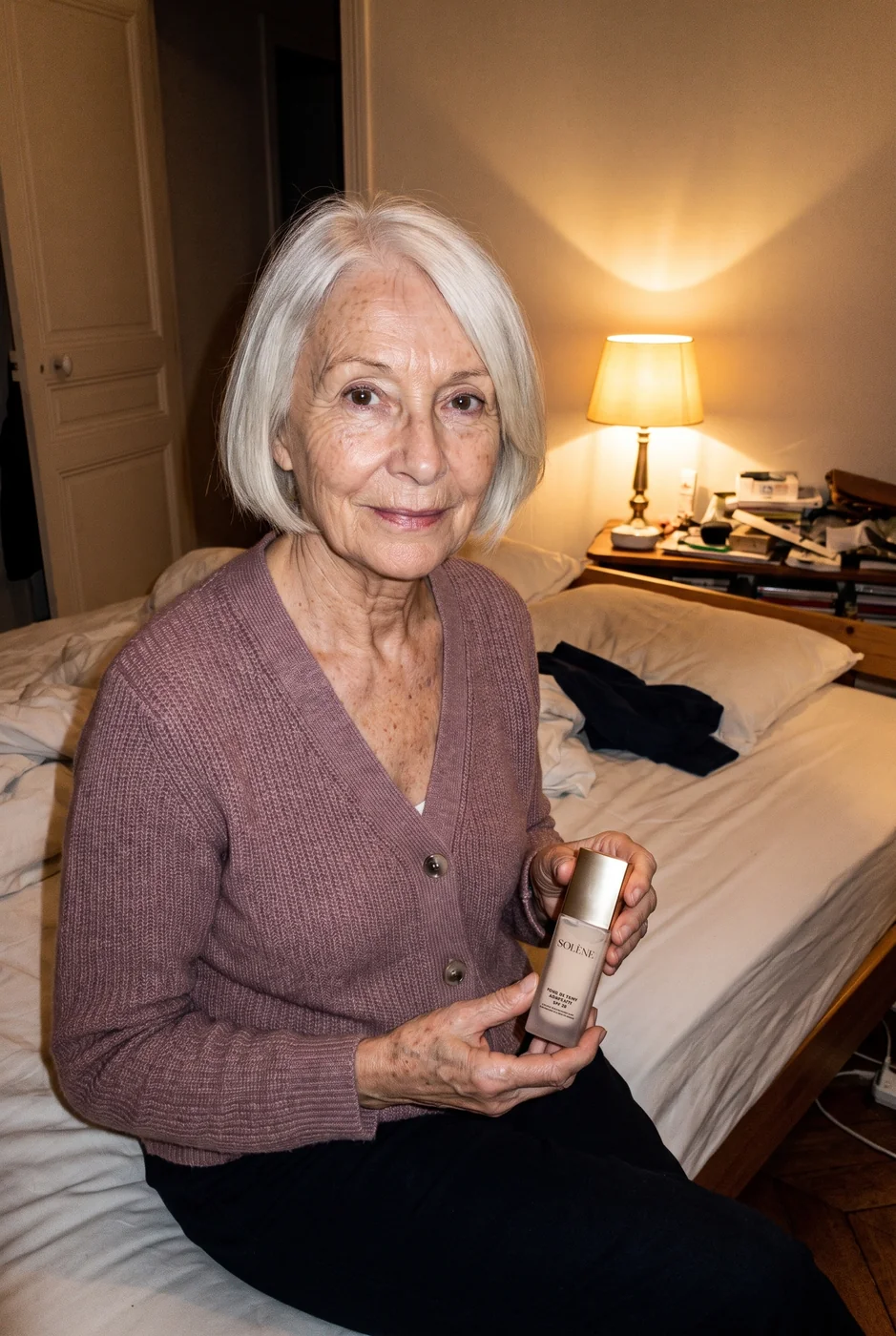 Yvette, 74 ans, tient son flacon de fond de teint Solène, assise sur son lit