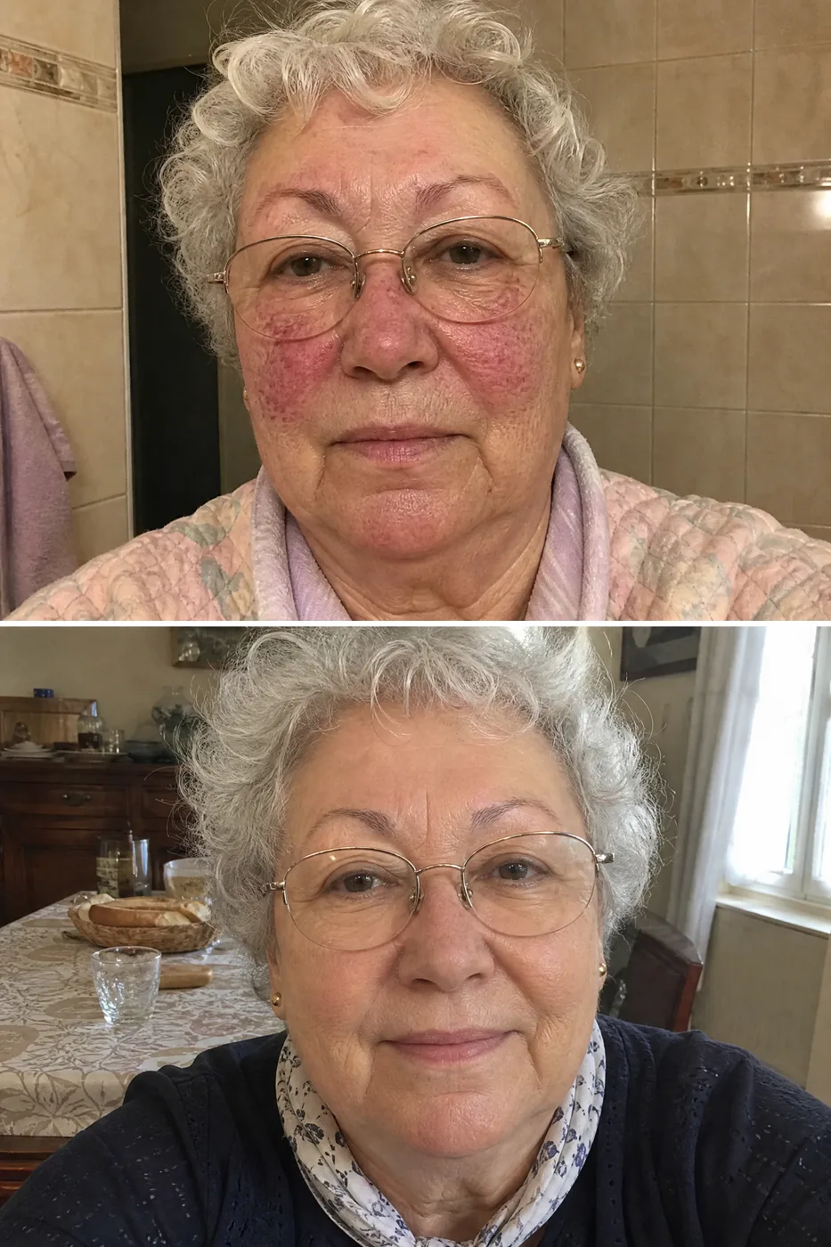 Avant puis après chez Josiane, 68 ans : les rougeurs des joues et du nez atténuées