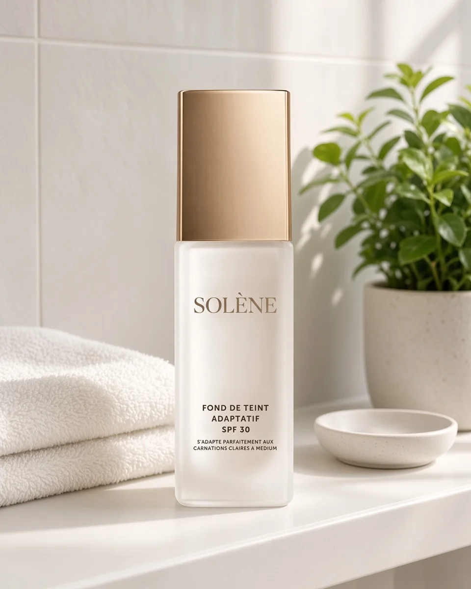 Le flacon Solène sur l'étagère de la salle de bain