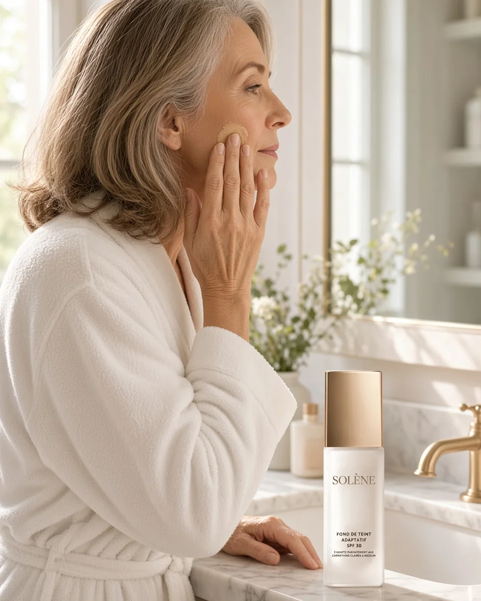 Une femme de plus de 60 ans sourit à son miroir, le teint unifié