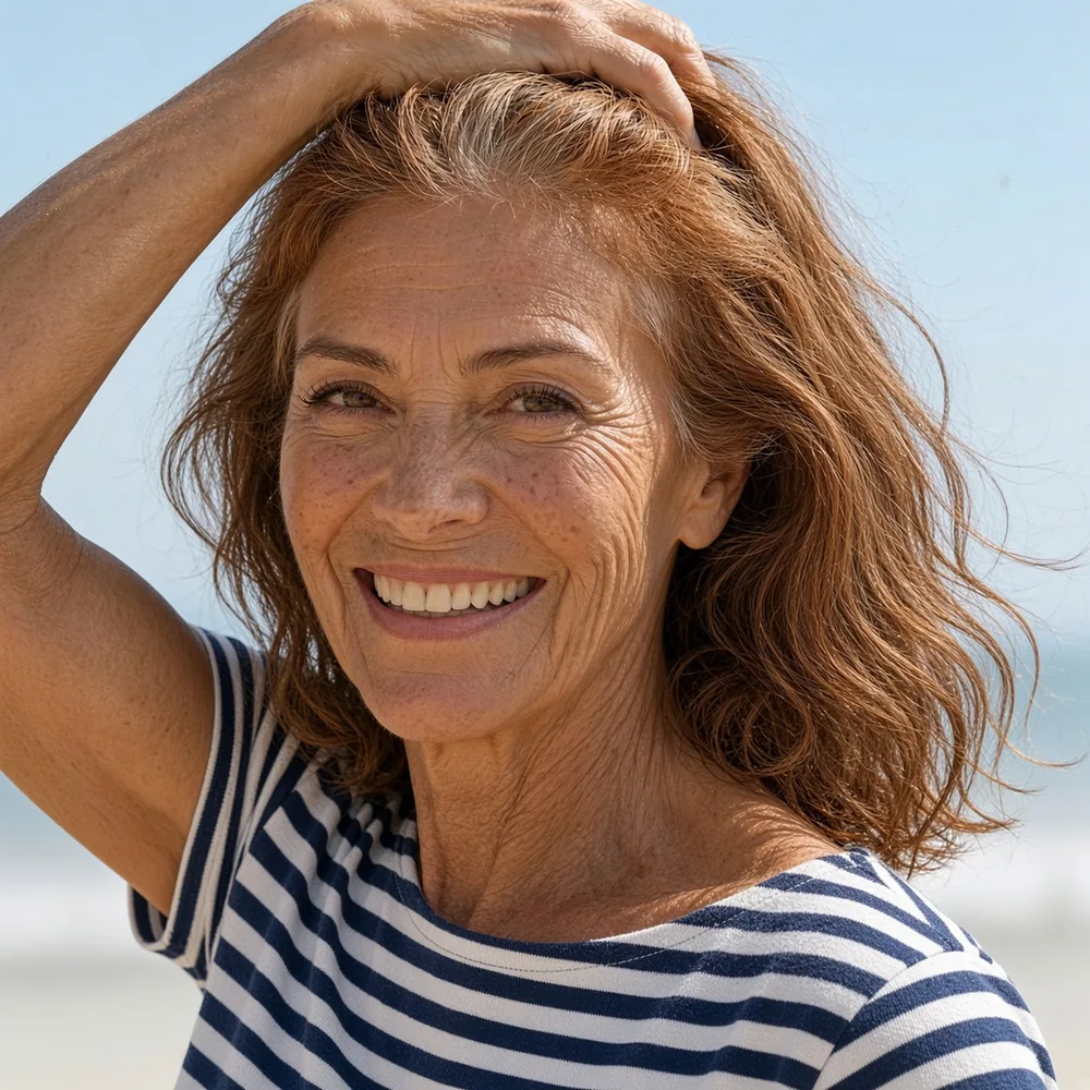 Femme aux cheveux auburn, teint unifié, en bord de mer