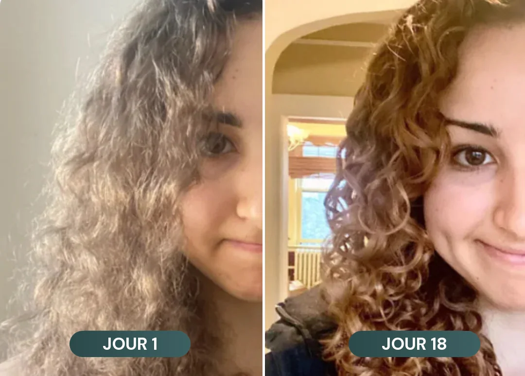 Les boucles de Julie R. au jour 1 et au jour 18 : définies et brillantes