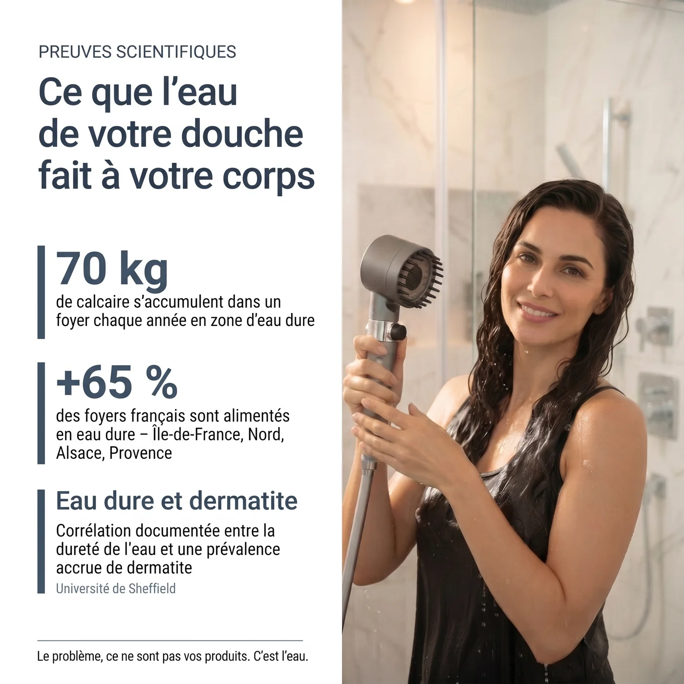 Ce que l'eau de la douche fait a la peau et aux cheveux