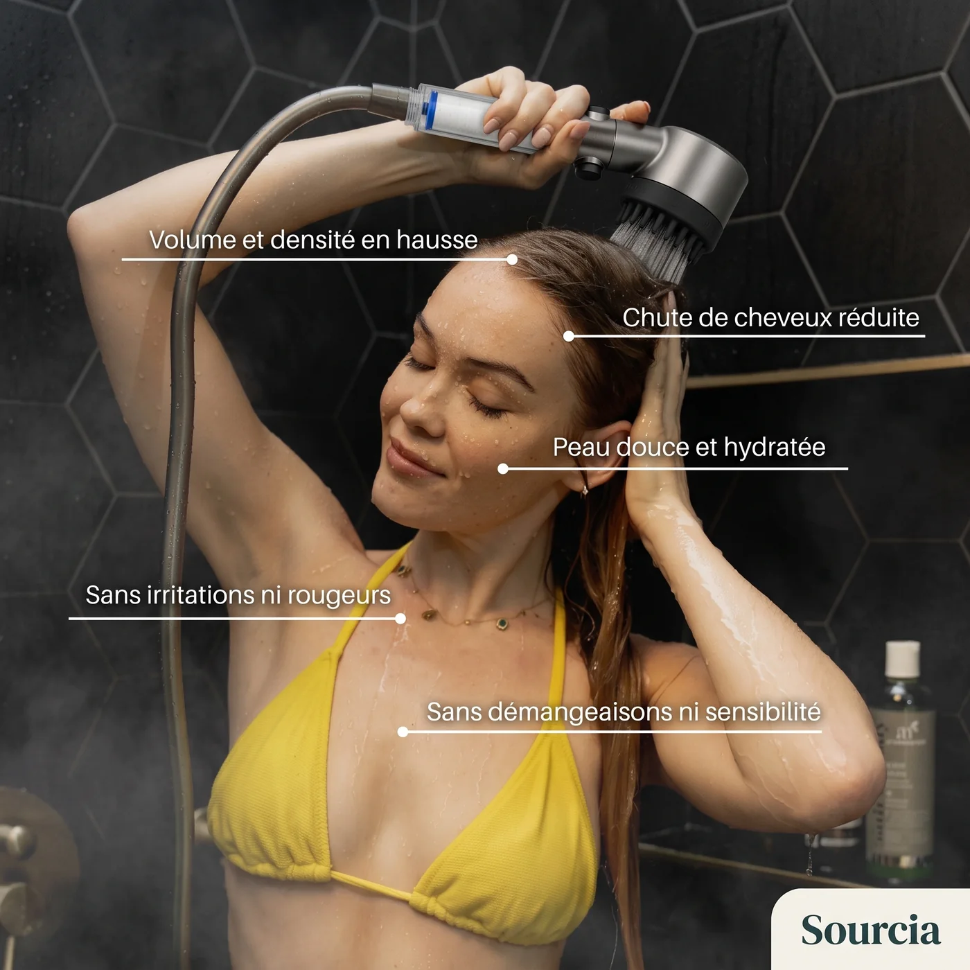 Sous la douche : volume, chute réduite, peau douce, sans irritations