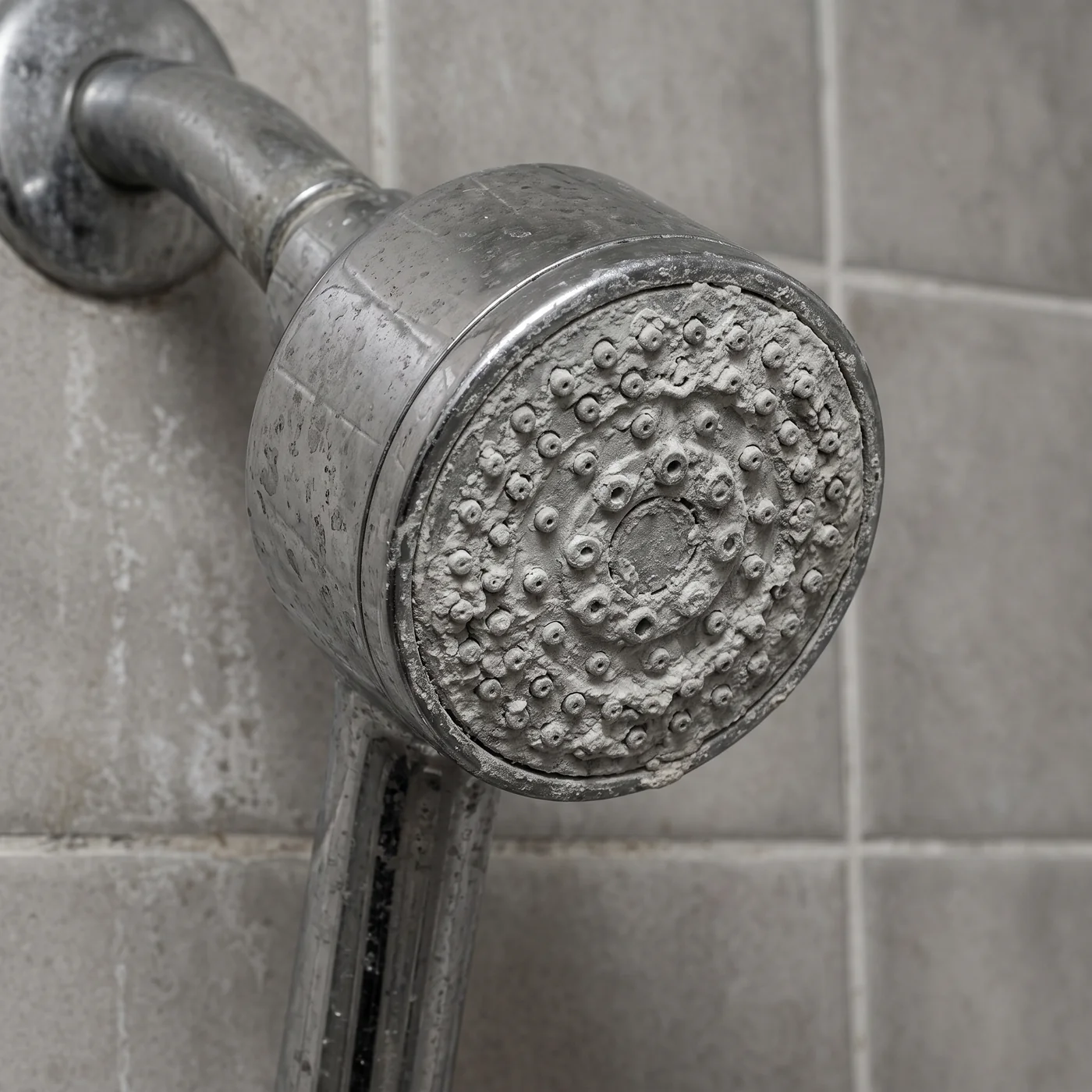 Un ancien pommeau de douche couvert de calcaire