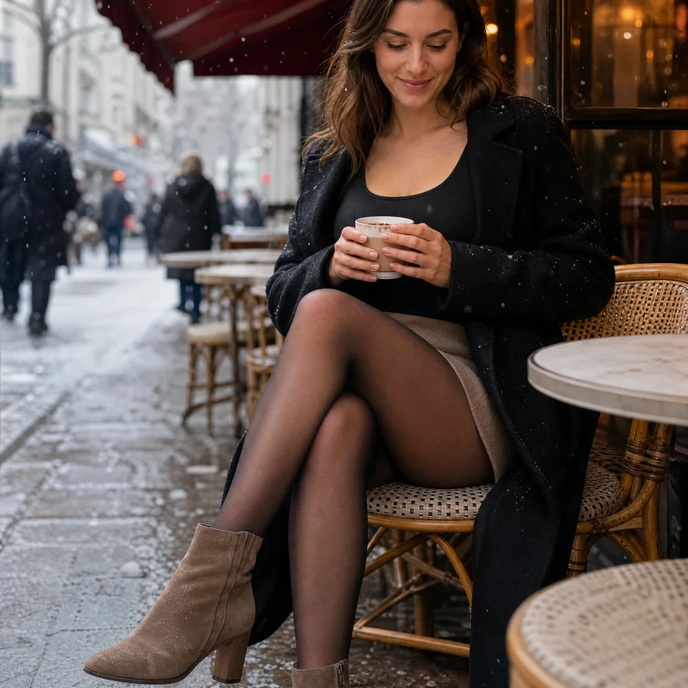 Terrasse de café parisien sous la neige, jambes croisées en collant-body polaire noir