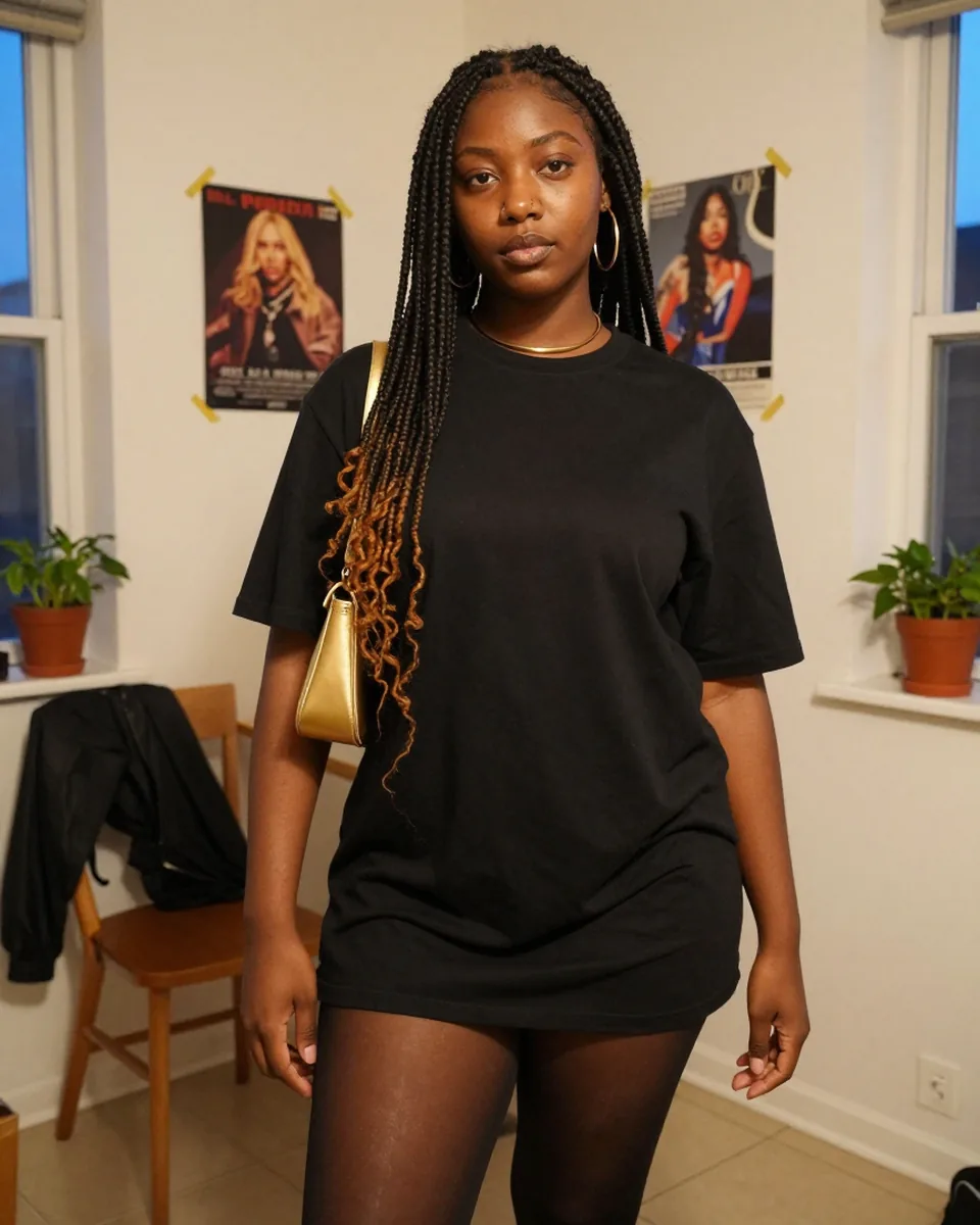 Femme noire en robe t-shirt noire et sac doré, collant polaire effet jambes nues