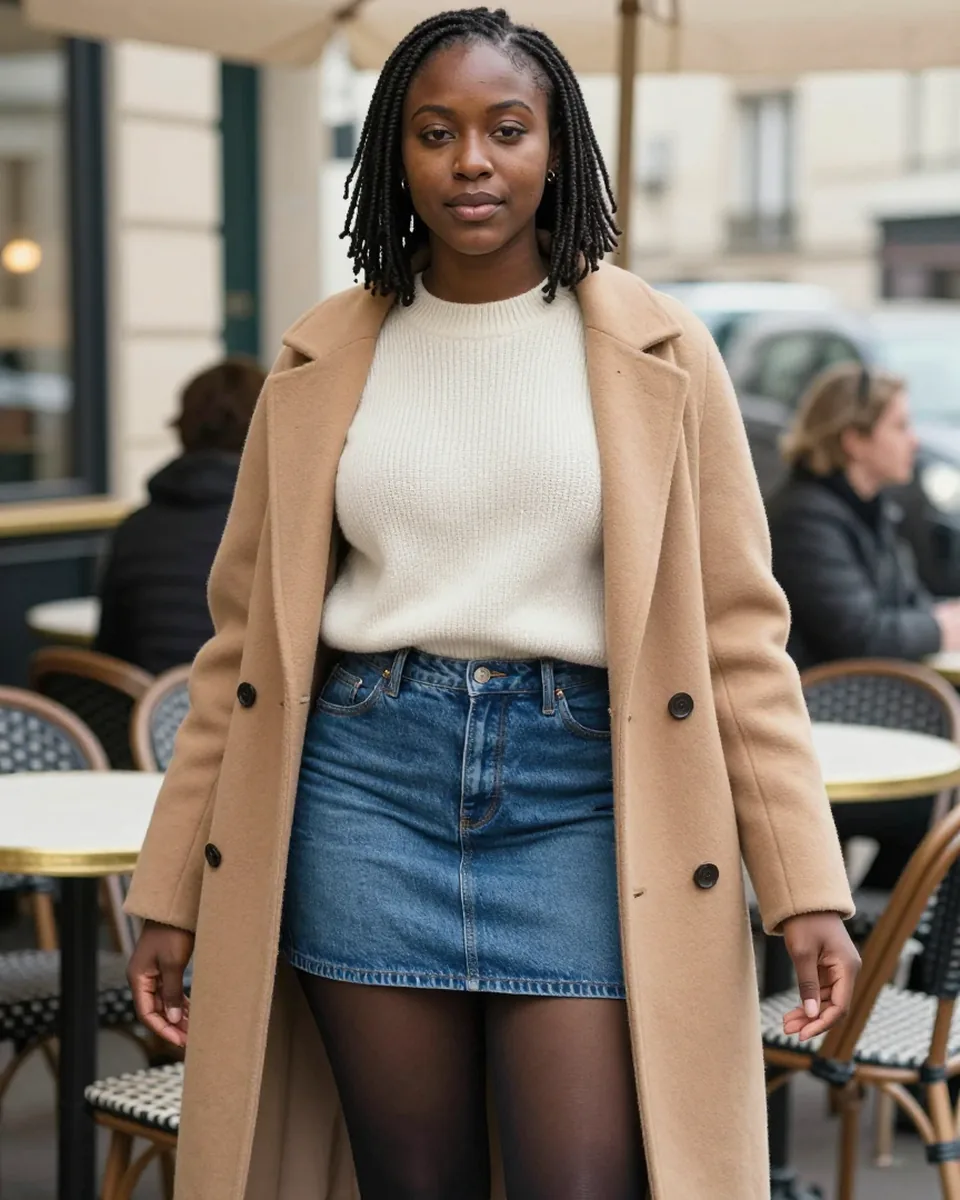 Femme en mini-jupe en jean, gros pull et manteau camel, collant voile doublé polaire