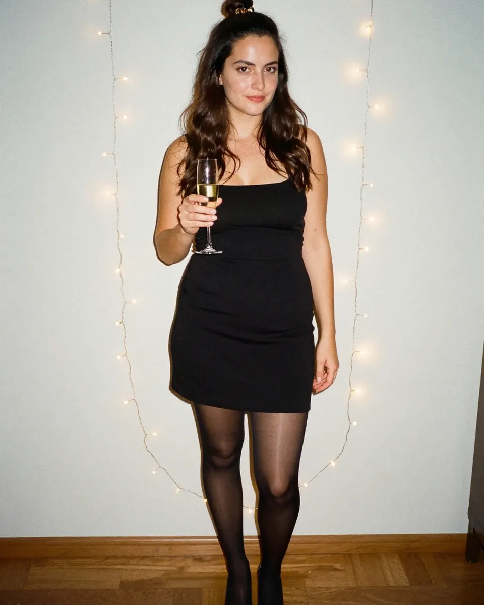 Femme en petite robe noire de soirée pour le réveillon, collant polaire effet jambes nues